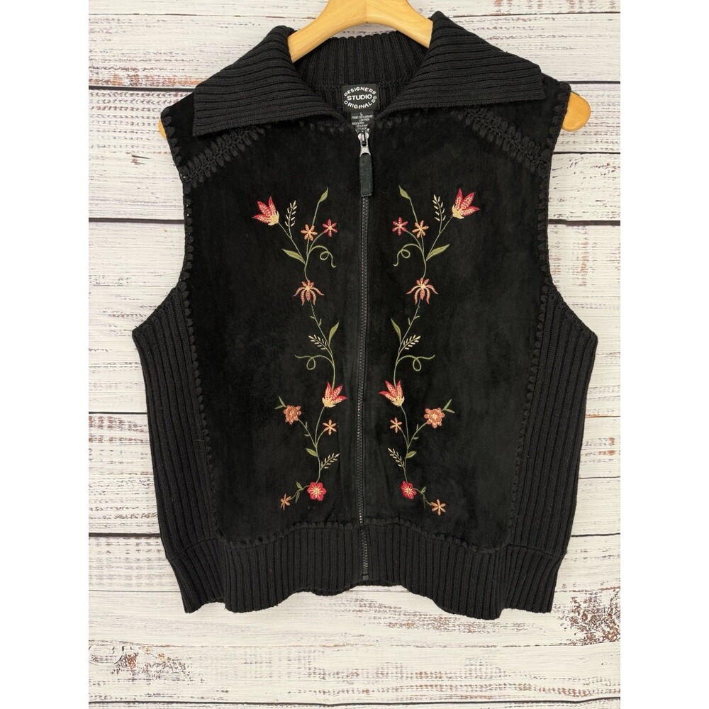 Designers Studio Vintage‎ Womens Vest Size L Black Grandma  Leather Embroidered